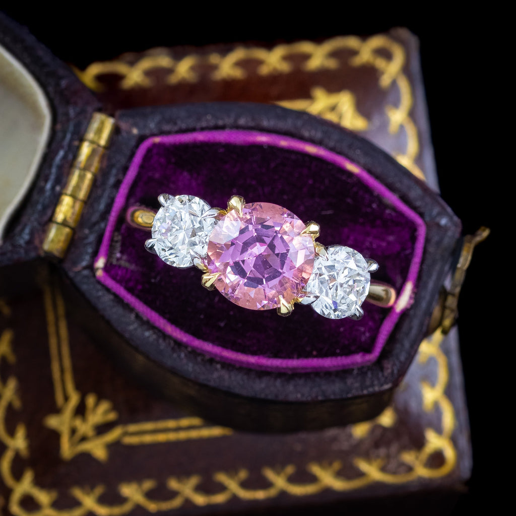 Edwardian Style Morganite Diamond Trilogy Ring 1.91ct Pink Morganite With Cert