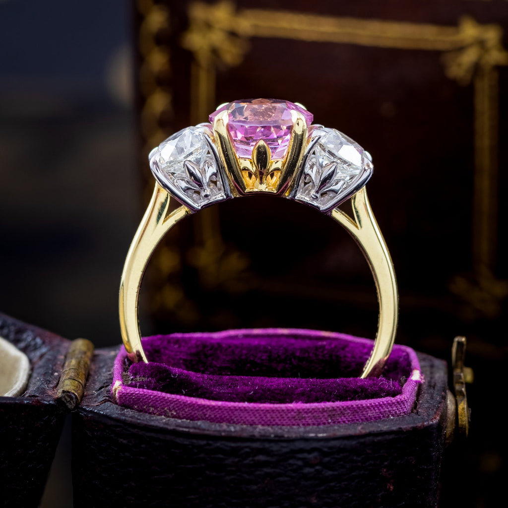 Edwardian Style Morganite Diamond Trilogy Ring 1.91ct Pink Morganite With Cert