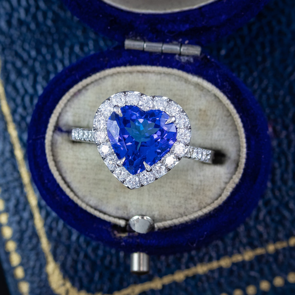 Edwardian Style Tanzanite Diamond Heart Cluster Ring 3.28ct Tanzanite