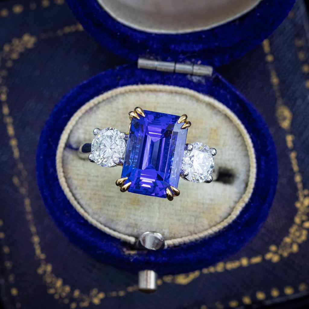 Edwardian Style Tanzanite Diamond Trilogy Ring 6.10ct Tanzanite