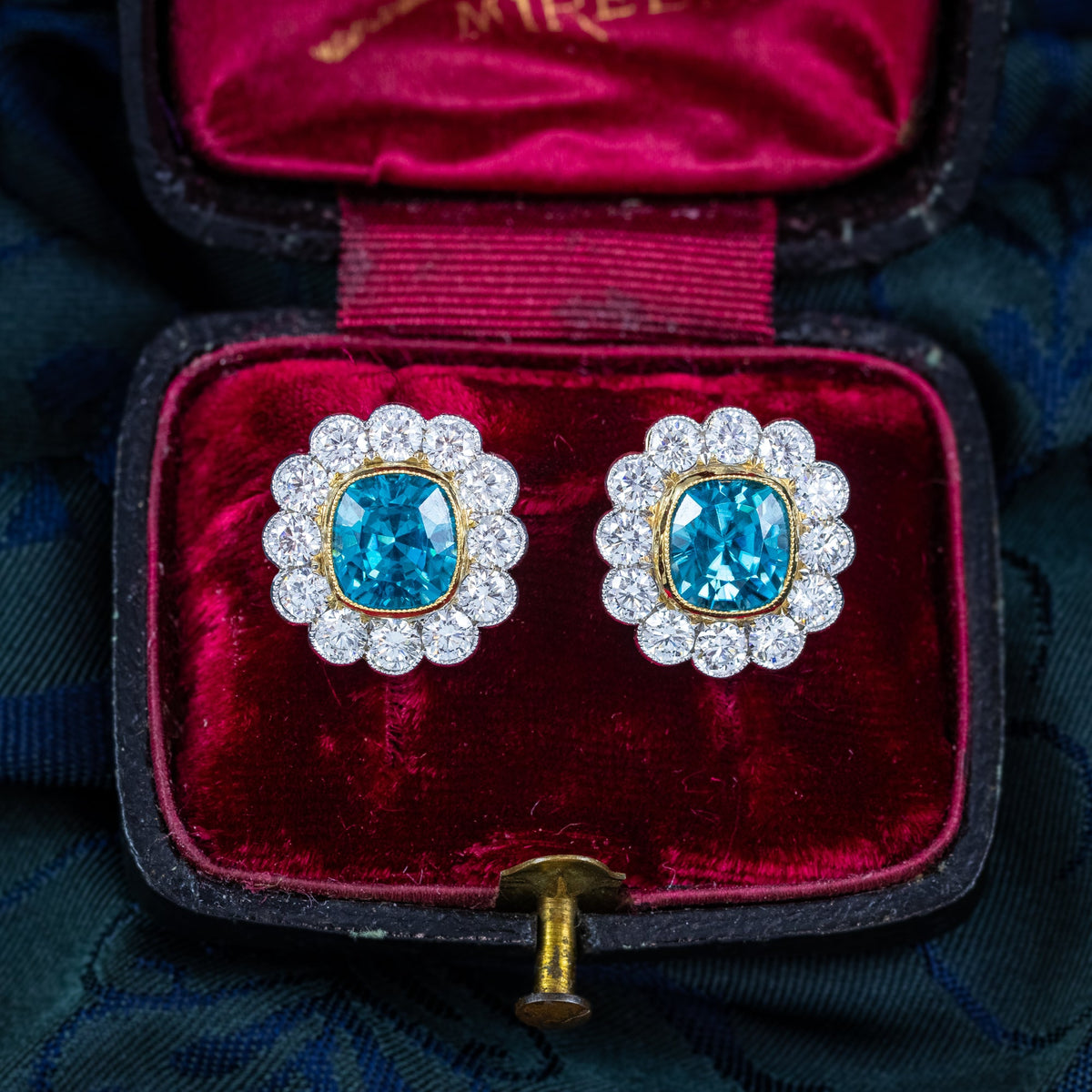 Edwardian Style Blue Zircon Diamond Cluster Stud Earrings 18ct Gold 7ct Zircon