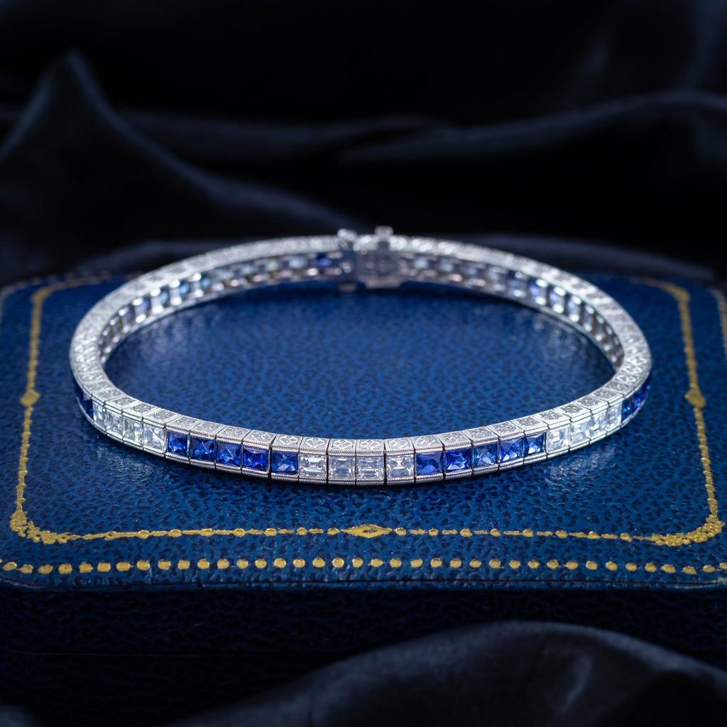 Art Deco Style Sapphire Diamond Line Bracelet Platinum 4.5ct Blue Sapphire