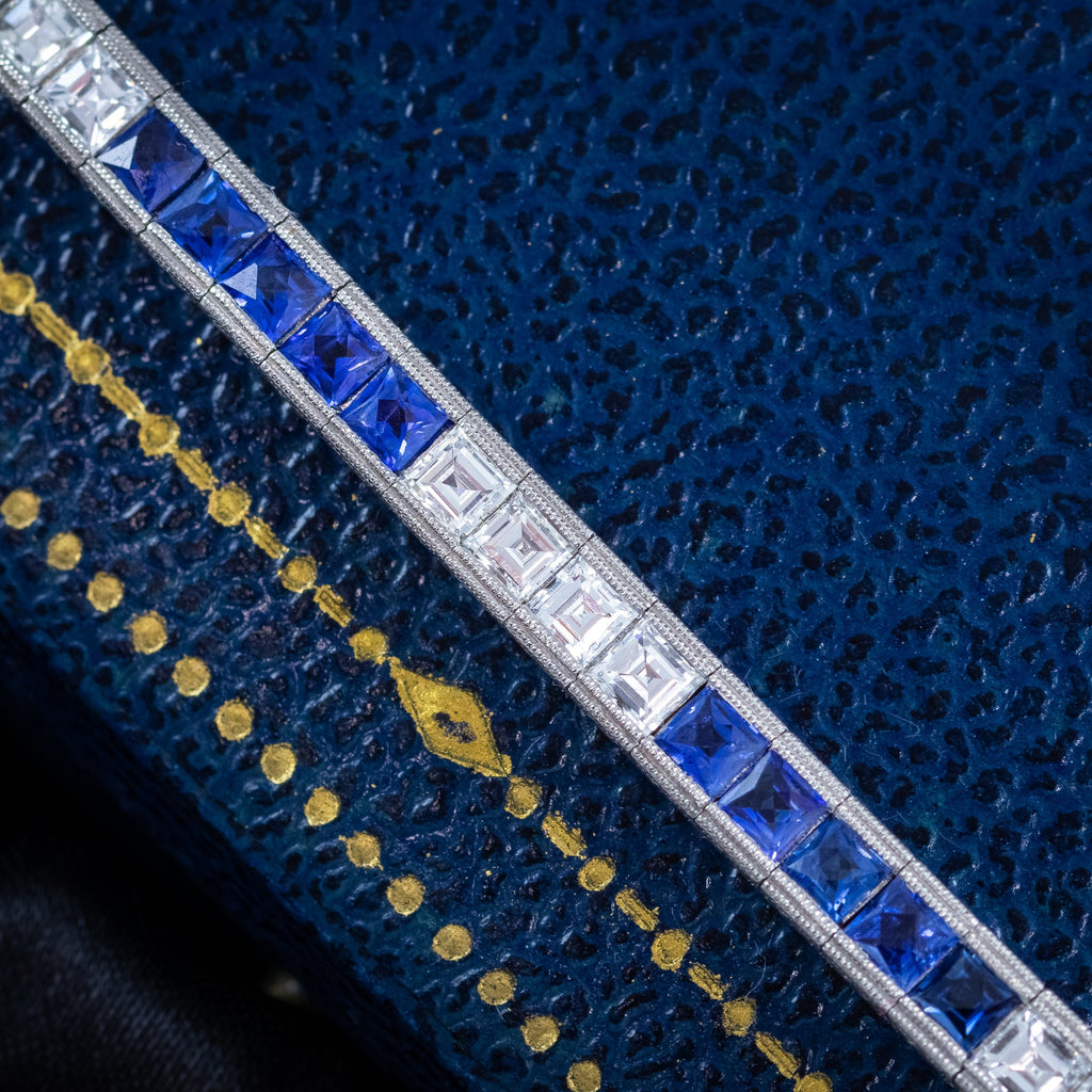 Art Deco Style Sapphire Diamond Line Bracelet Platinum 4.5ct Blue Sapphire