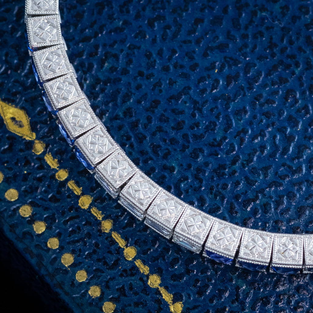 Art Deco Style Sapphire Diamond Line Bracelet Platinum 4.5ct Blue Sapphire
