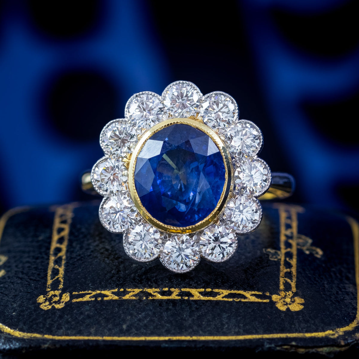 Edwardian Style Sapphire Diamond Daisy Cluster Ring 6.08ct Sapphire With Cert