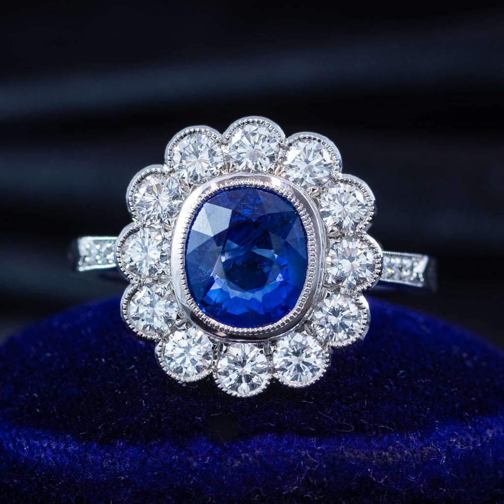 Edwardian Style Sapphire Diamond Daisy Cluster Ring 2.58ct Sapphire