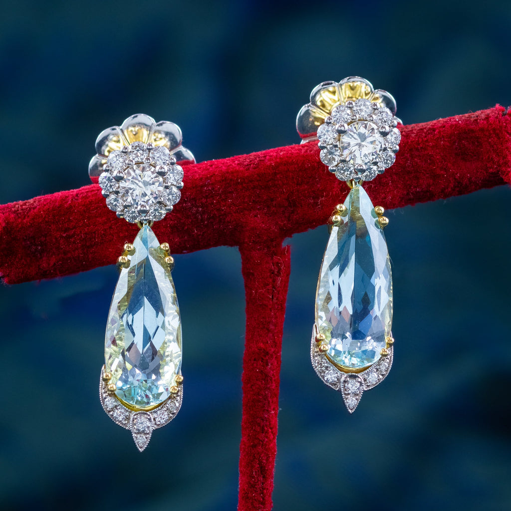 Edwardian Style Aquamarine Diamond Drop Earrings 18ct Gold 7.30ct Aquas