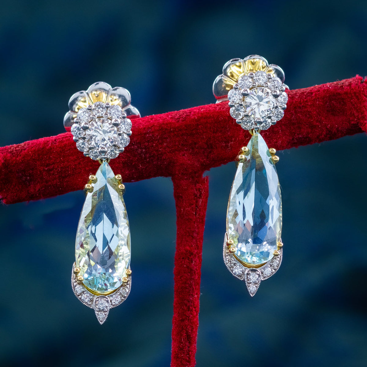 Edwardian Style Aquamarine Diamond Drop Earrings 18ct Gold 7.30ct Aquas