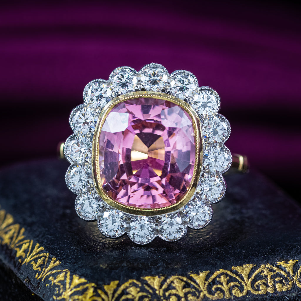 Edwardian Style Pink Tourmaline Diamond Cluster Cocktail Ring 9.50ct Centre With Cert