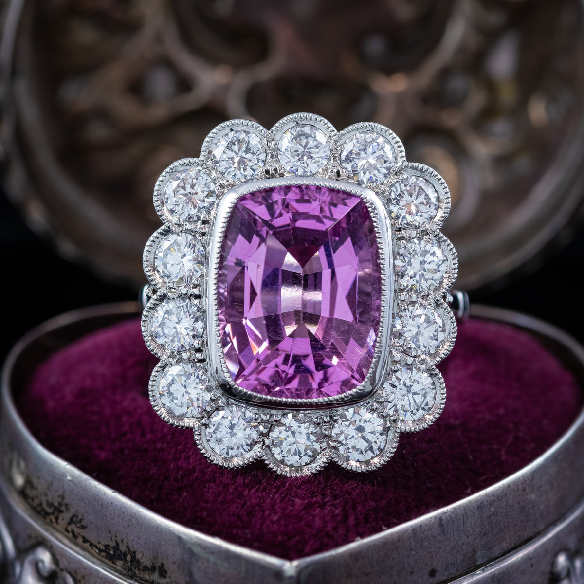 Edwardian Style Morganite Diamond Cluster Cocktail Ring 6.83ct Morganite With Cert