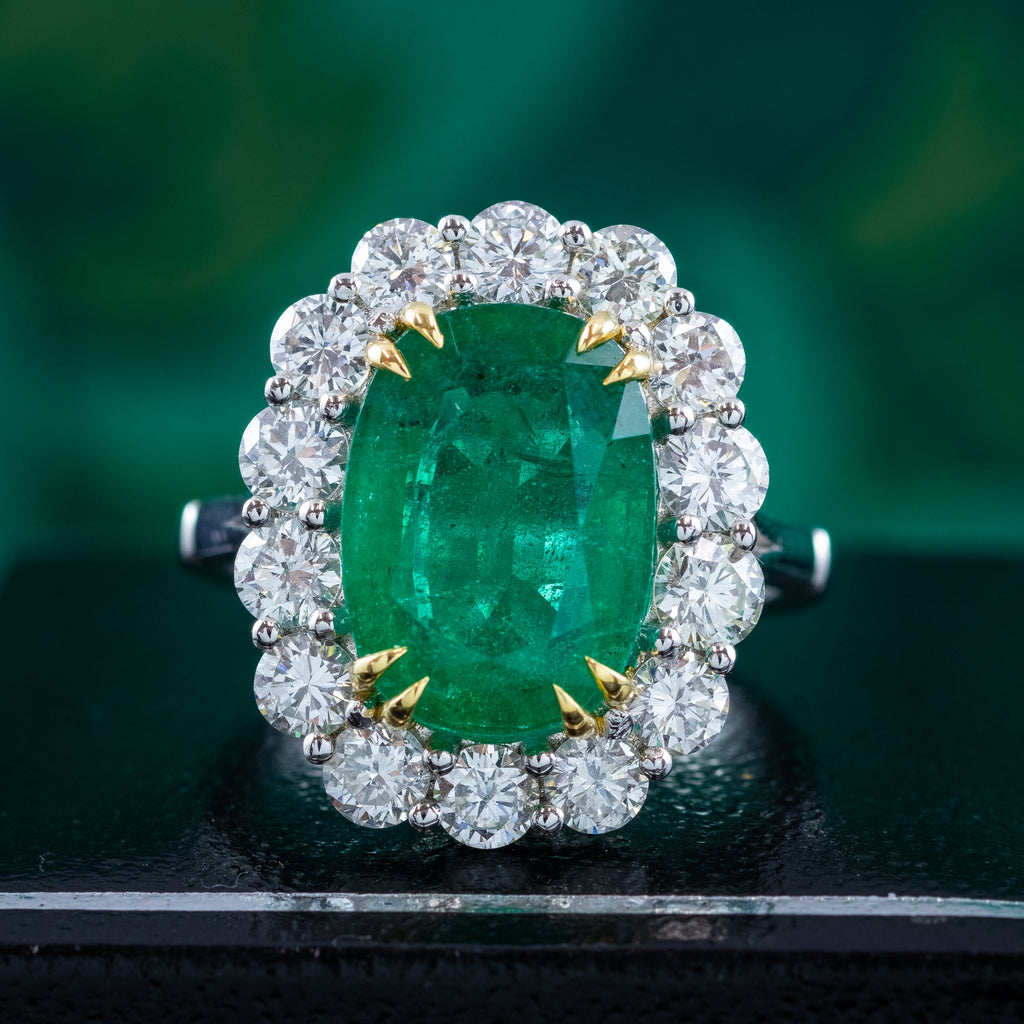 Edwardian Style Emerald Diamond Cluster Cocktail Ring 6.39ct Emerald