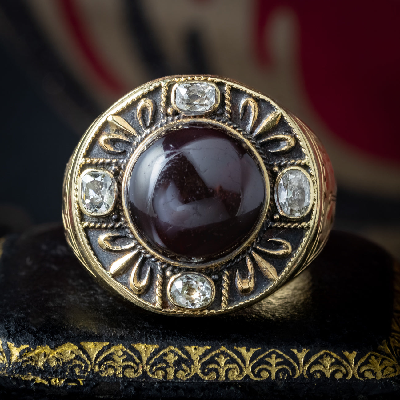 Antique Victorian Mourning Bishop Ring Garnet Diamond Inscribed Abbot Leo 1888