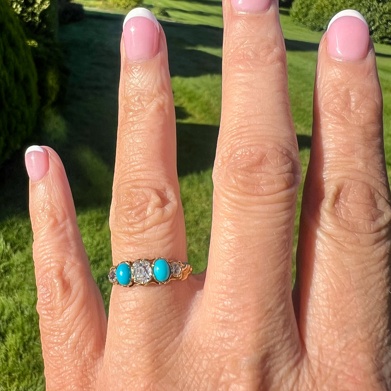 Antique Georgian Turquoise Diamond Five Stone Ring