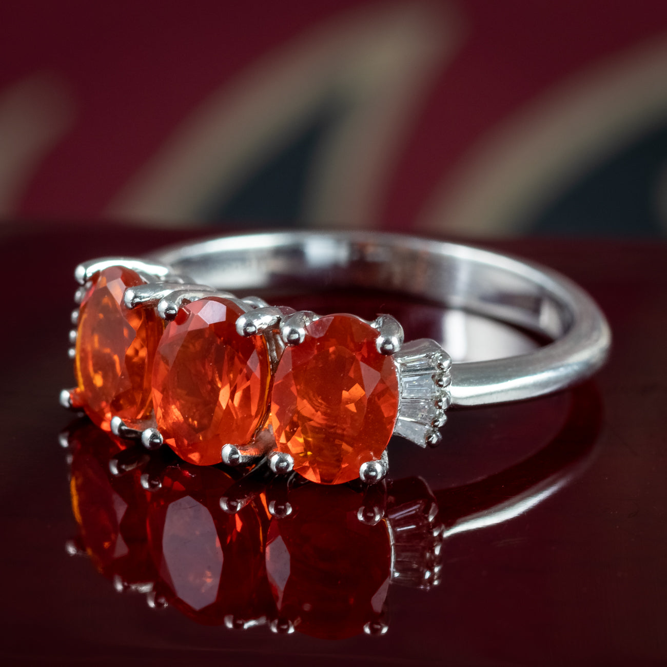 Art Deco Style Fire Opal Diamond Trilogy Ring 1.8ct Total Secondary image