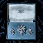 Vintage Spray Brooch And Earrings Suite Diamond Emerald Platinum With Box
