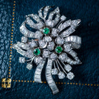 Vintage Spray Brooch And Earrings Suite Diamond Emerald Platinum With Box