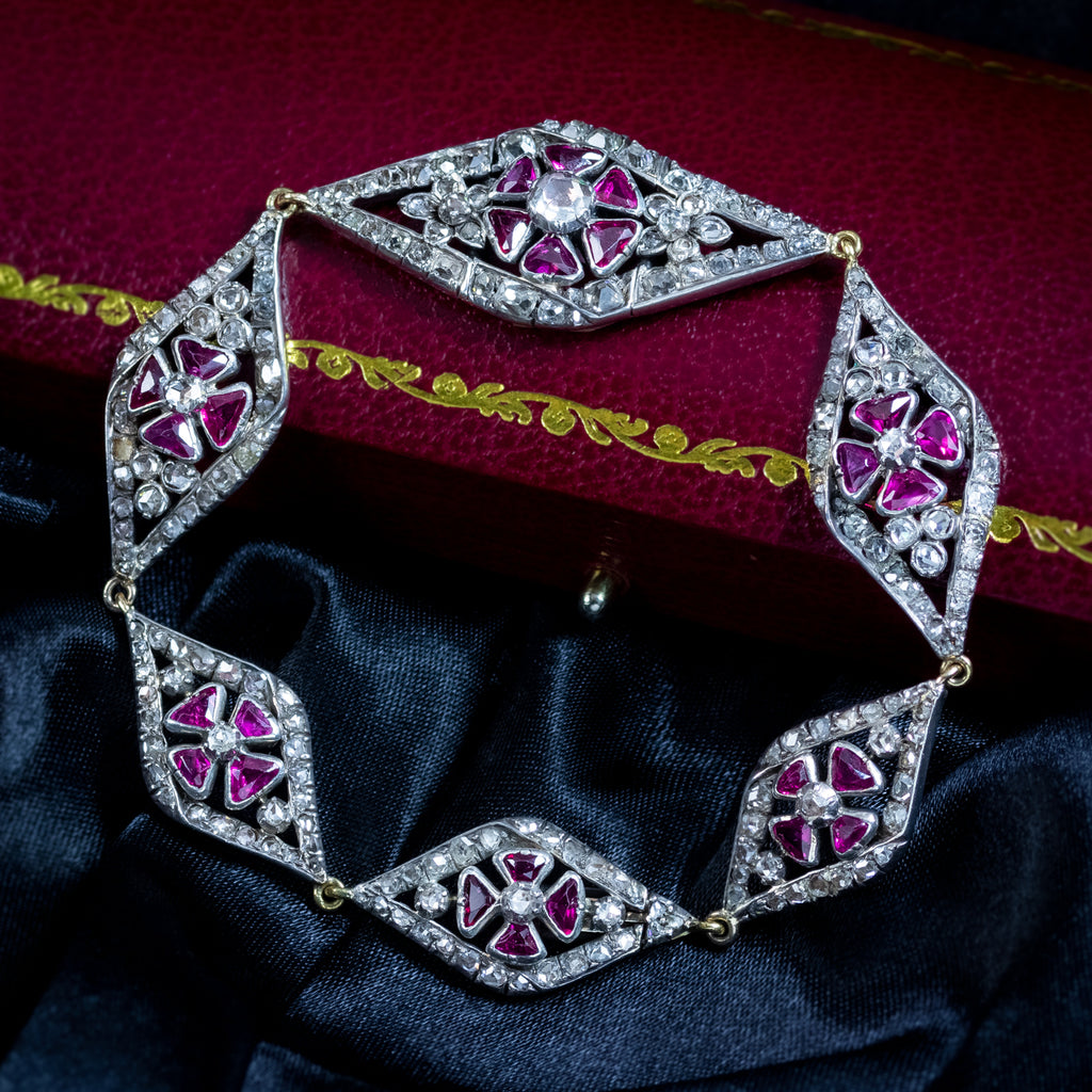 Antique Victorian Diamond Ruby Bracelet Silver Gold With Box
