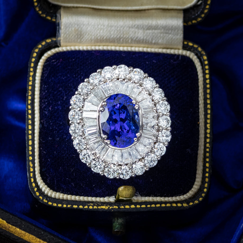 Art Deco Style Tanzanite Diamond Cocktail Cluster Ring 3.87ct Tanzanite With Valuation