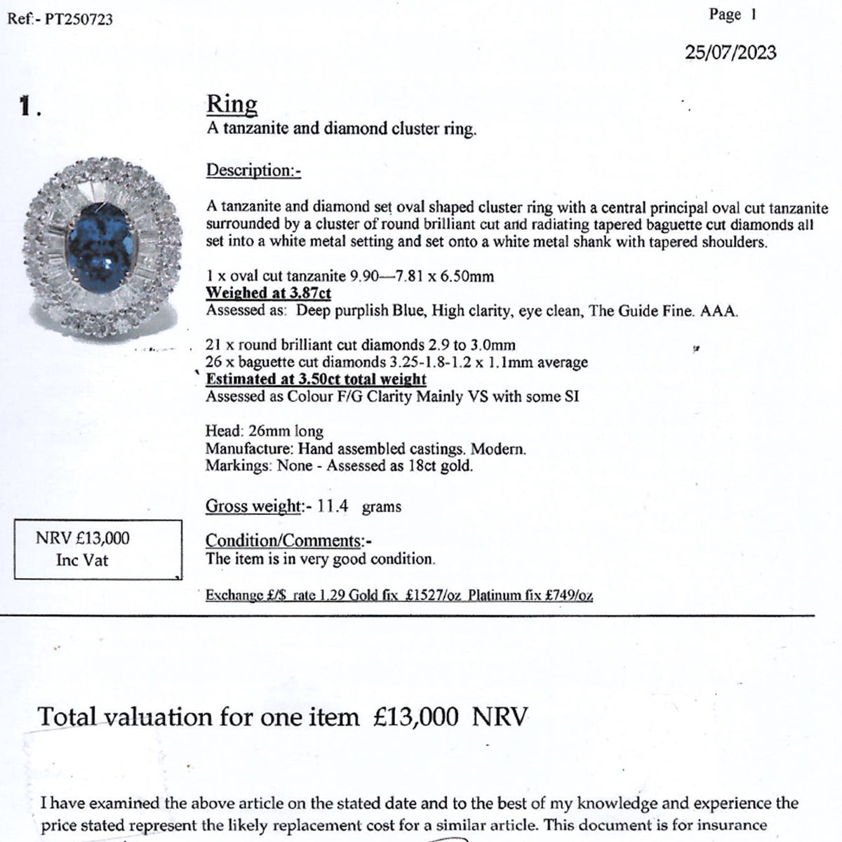 Art Deco Style Tanzanite Diamond Cocktail Cluster Ring 3.87ct Tanzanite With Valuation