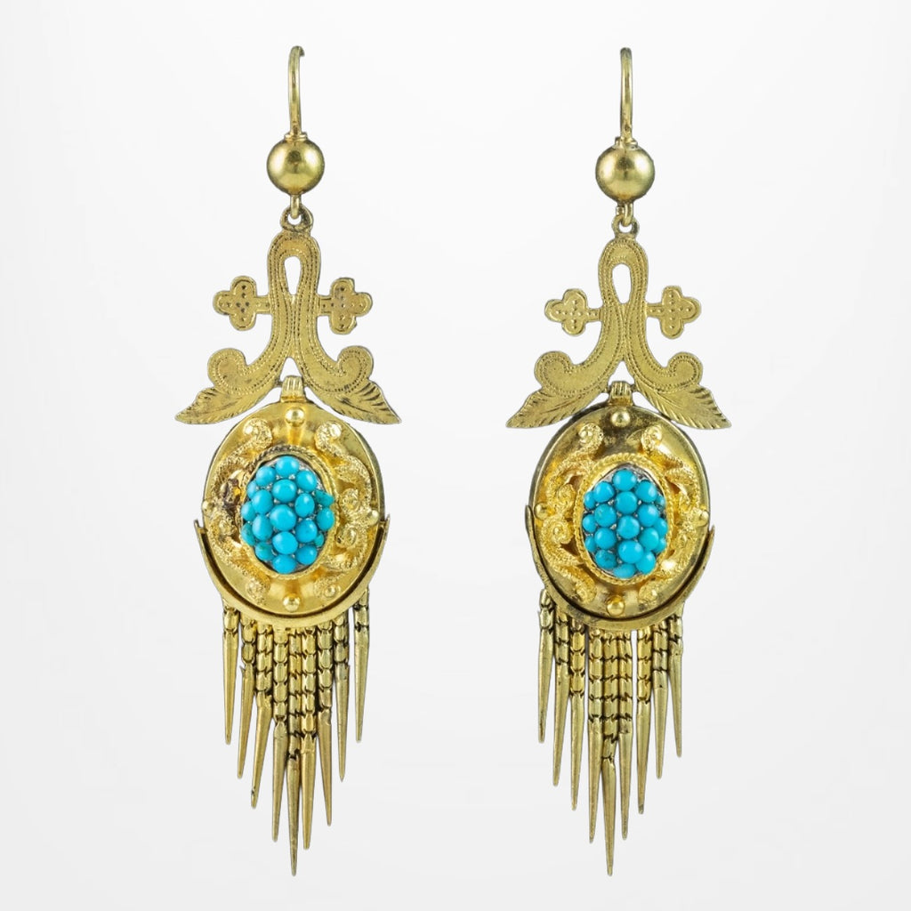Antique Victorian Etruscan Turquoise Drop Earrings 18ct Gold