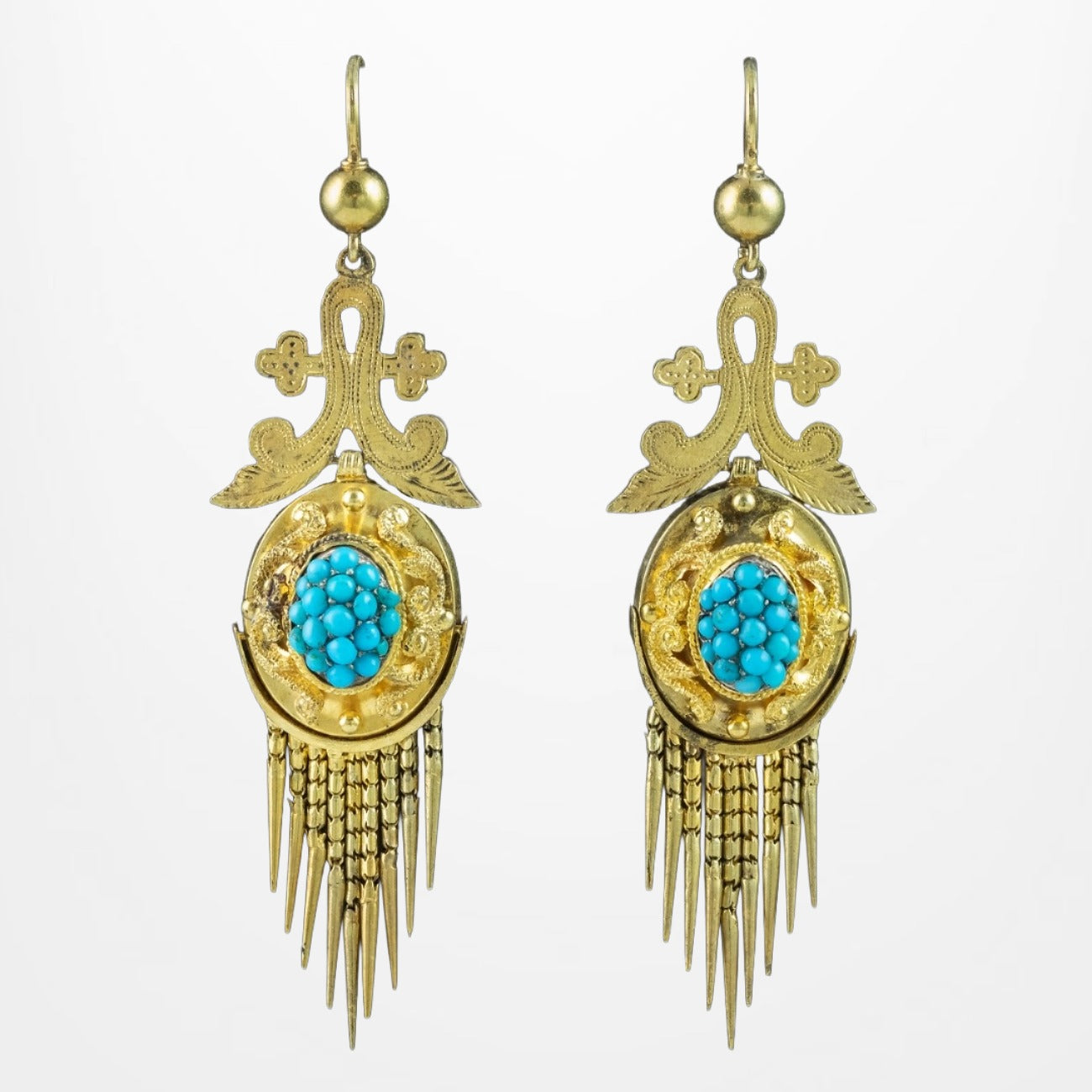Antique Victorian Etruscan Turquoise Drop Earrings 18ct Gold