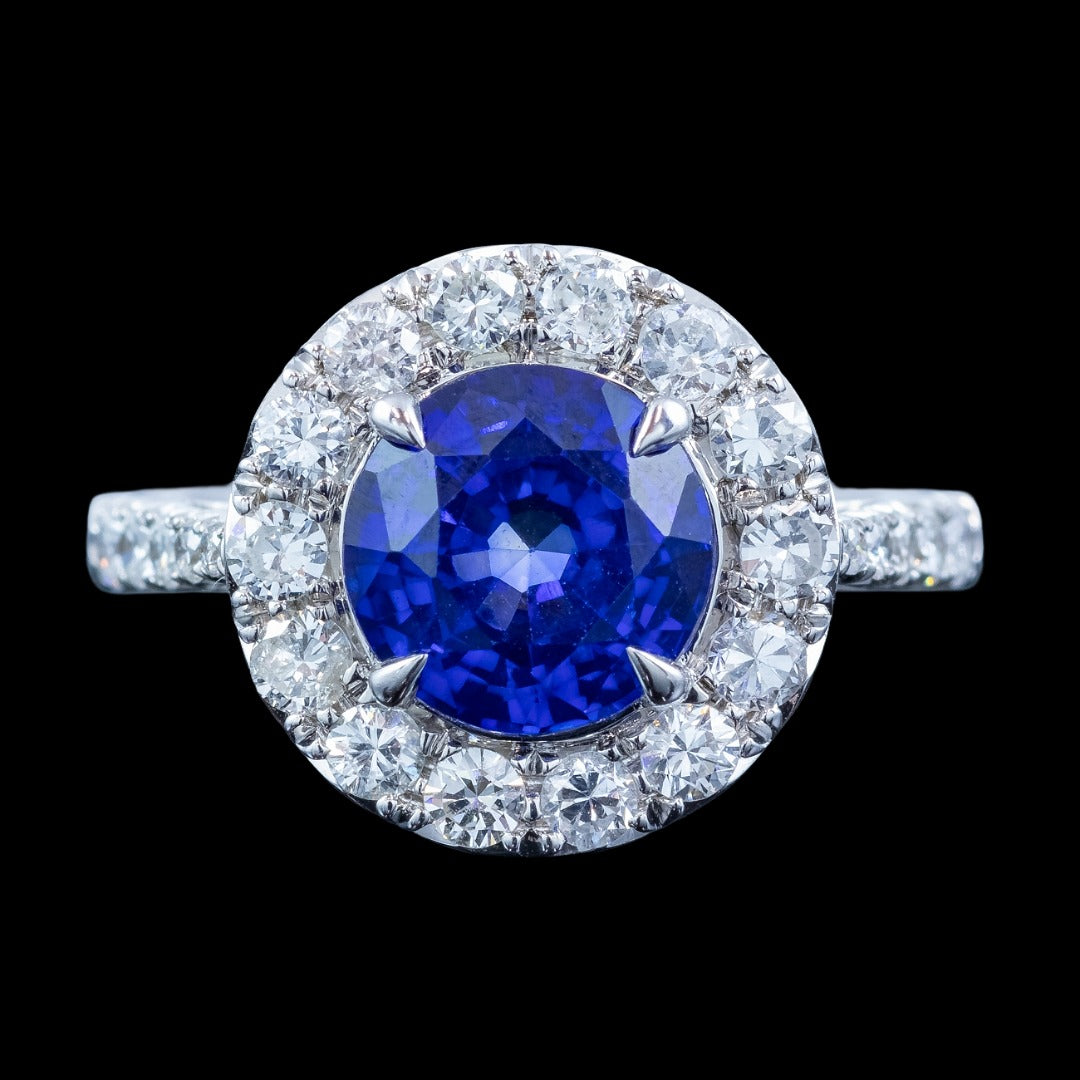 Edwardian Style Sapphire Diamond Halo Cluster Ring 2.66ct Blue Sapphire