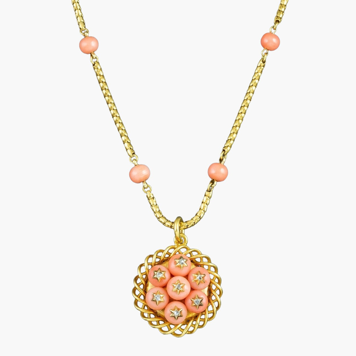 Antique Victorian Coral Diamond Pendant Necklace 15ct Gold With Locket Main image