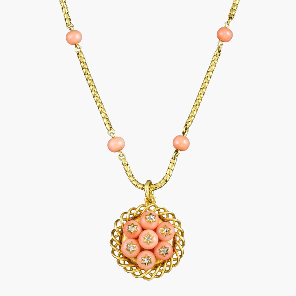 Antique Victorian Coral Diamond Pendant Necklace 15ct Gold With Locket