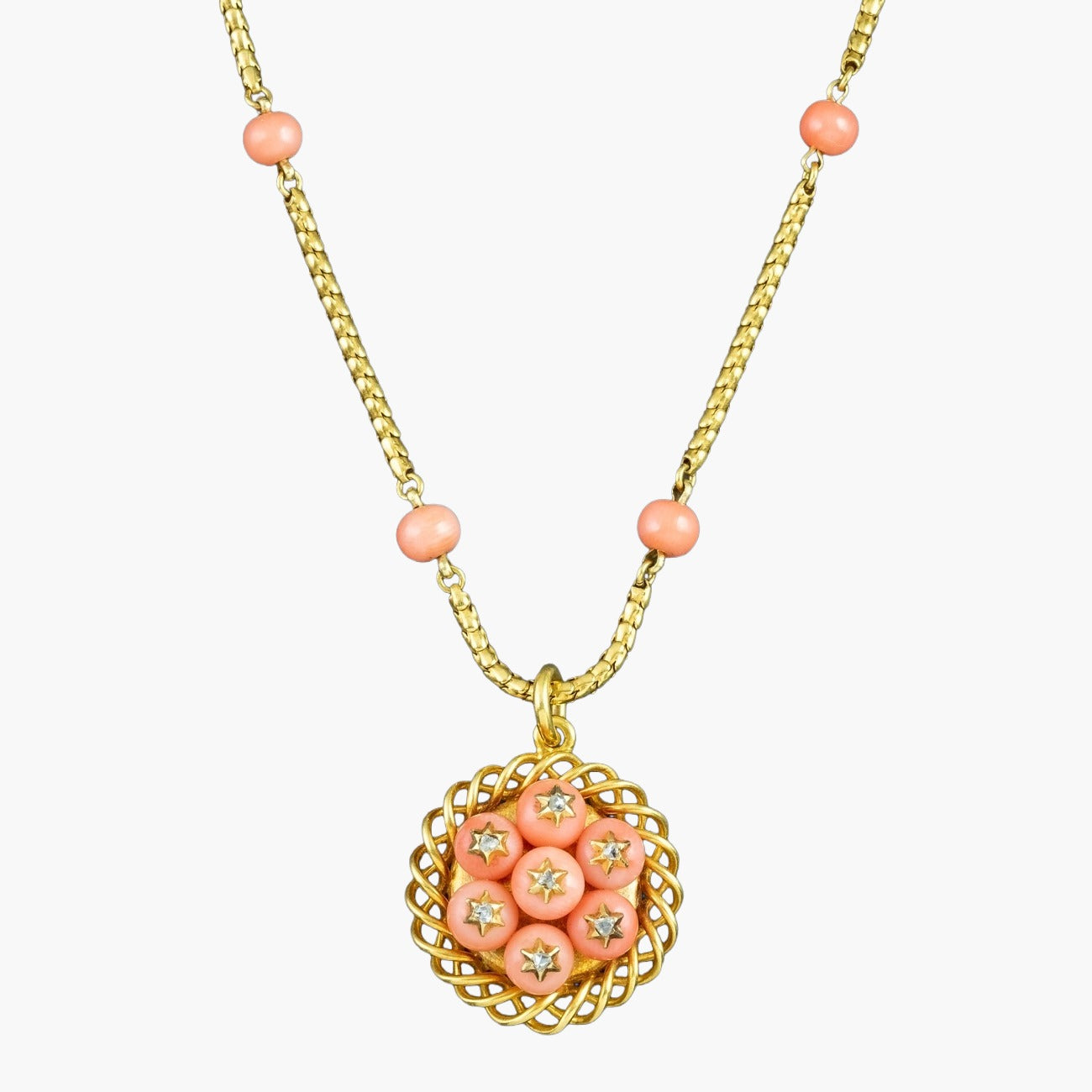 Antique Victorian Coral Diamond Pendant Necklace 15ct Gold With Locket