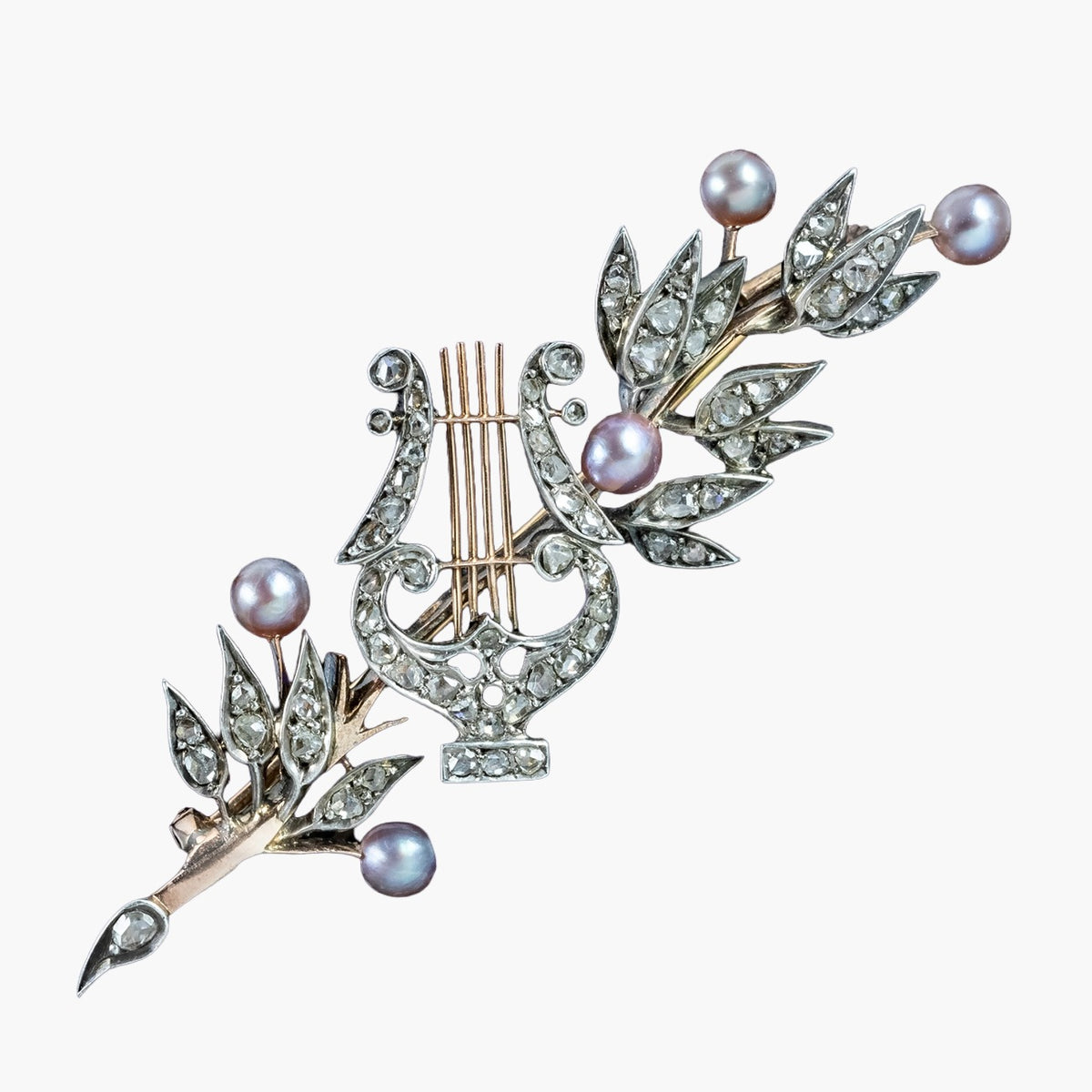 Antique Victorian French Brooch Pearl Diamond Olive Branch And Lyre With Box Main image