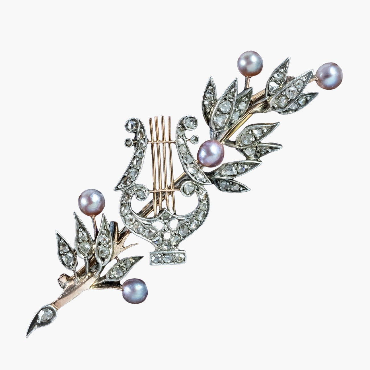 Antique Victorian French Brooch Pearl Diamond Olive Branch And Lyre With Box