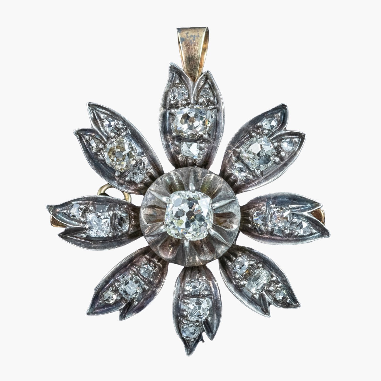 Antique Victorian Diamond Flower Pendant Brooch 1.9ct Total Main image
