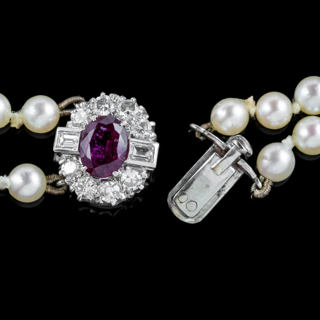 Vintage Double Strand Pearl Necklace Ruby Diamond Clasp With Cert