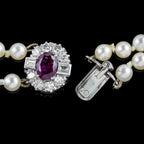 Vintage Double Strand Pearl Necklace Ruby Diamond Clasp With Cert