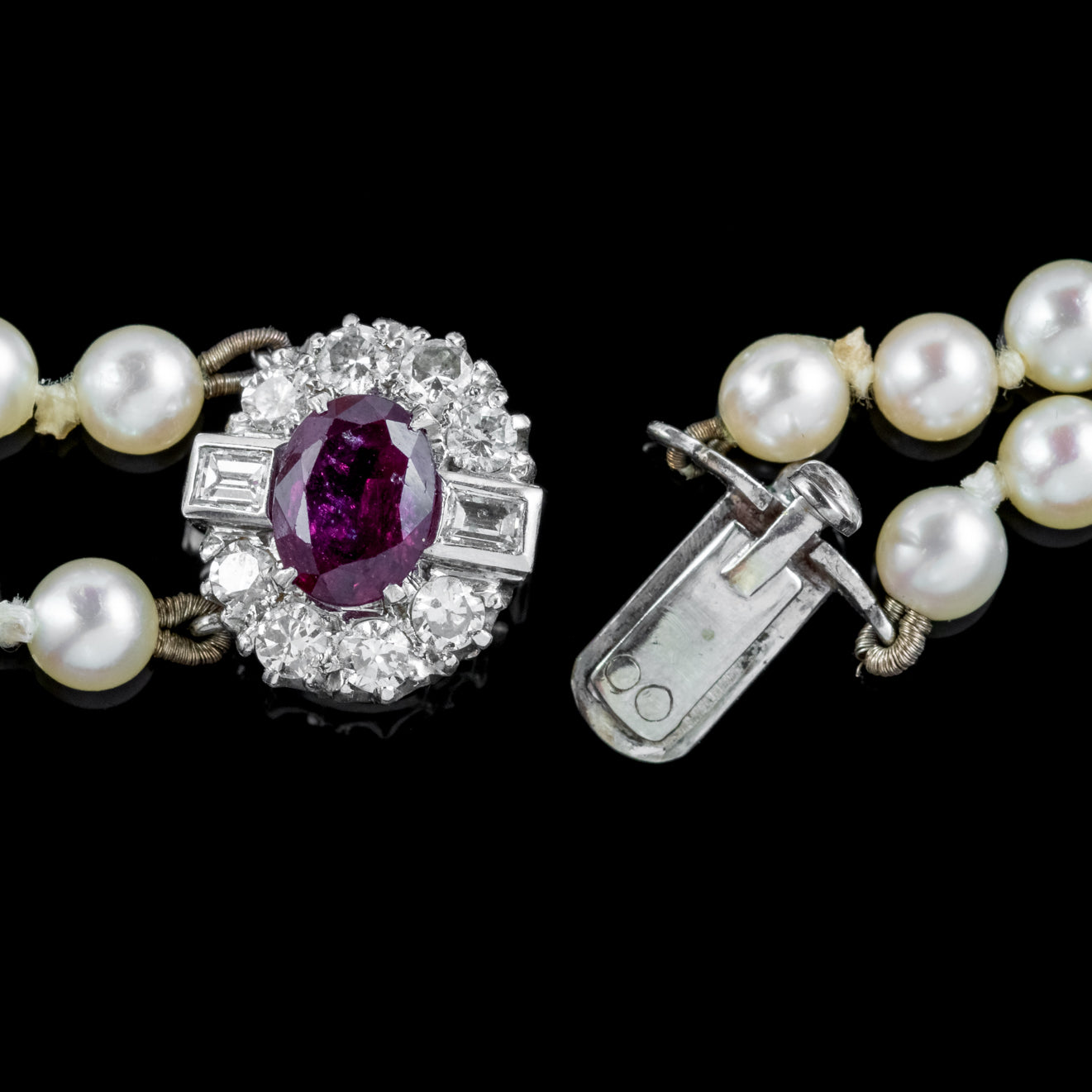 Vintage Double Strand Pearl Necklace Ruby Diamond Clasp With Cert