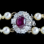 Vintage Double Strand Pearl Necklace Ruby Diamond Clasp With Cert