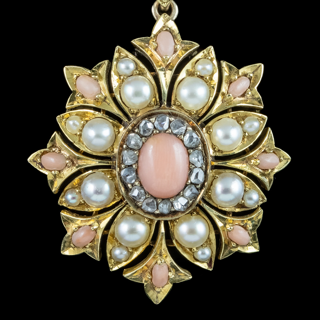 Antique Victorian Angel Skin Coral Diamond Pearl Flower Pendant Necklace