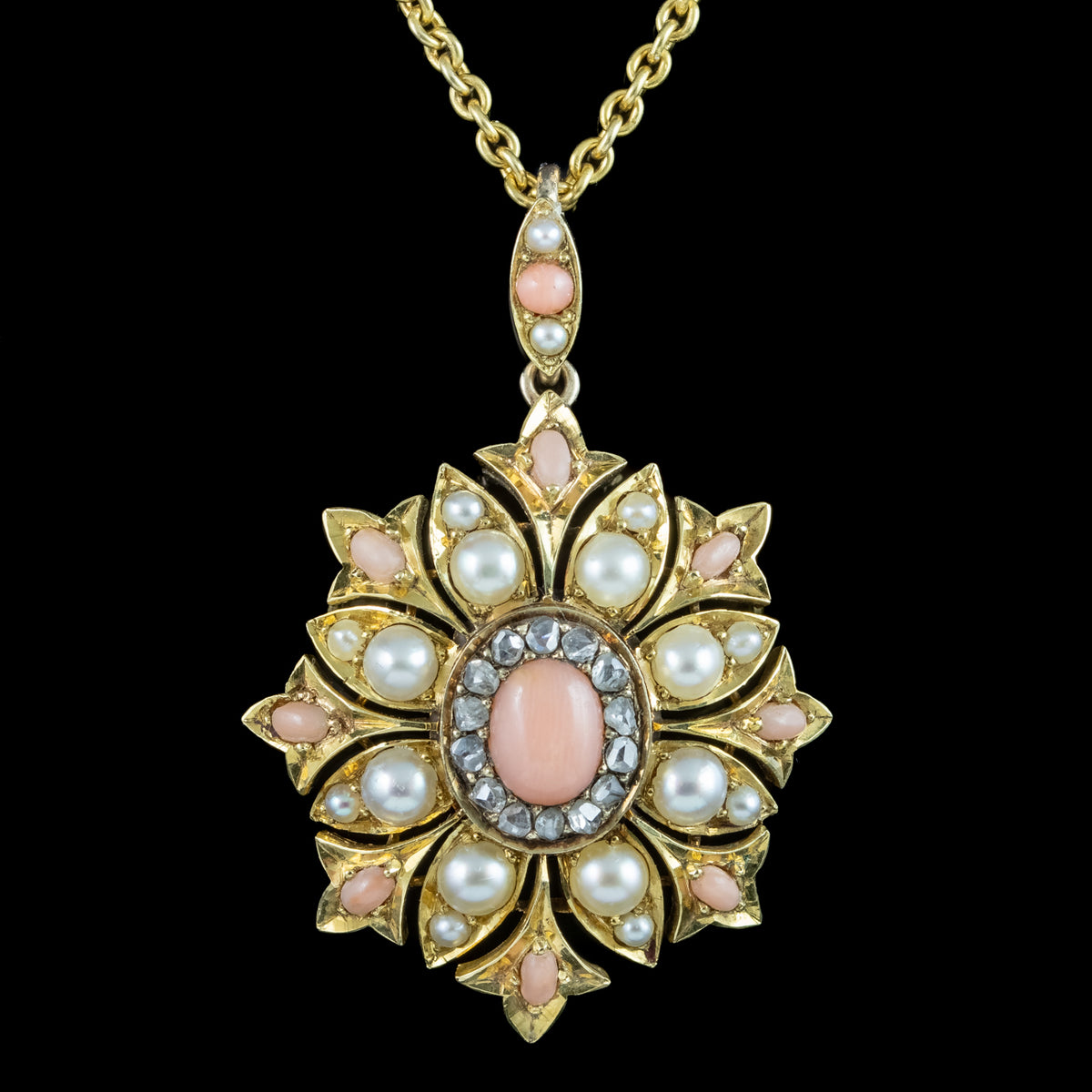 Antique Victorian Angel Skin Coral Diamond Pearl Flower Pendant Necklace