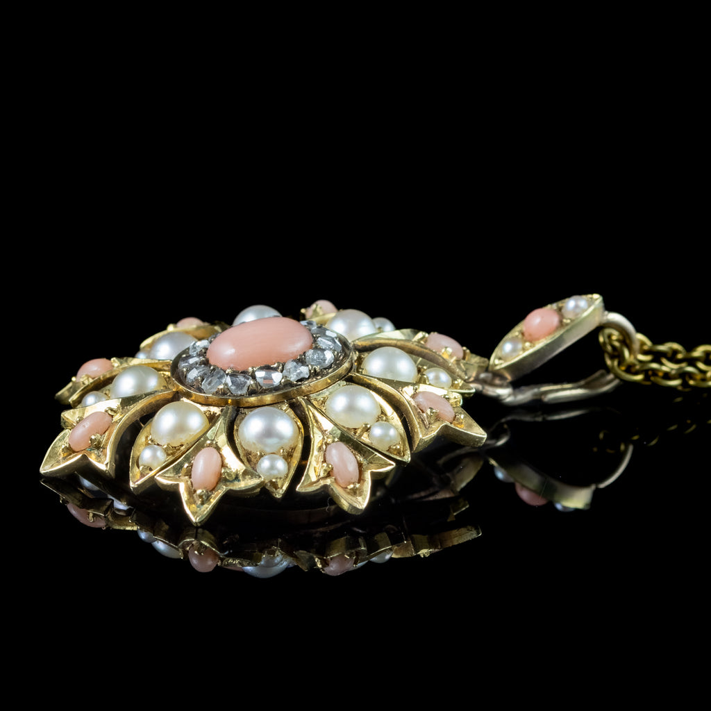 Antique Victorian Angel Skin Coral Diamond Pearl Flower Pendant Necklace