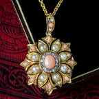 Antique Victorian Angel Skin Coral Diamond Pearl Flower Pendant Necklace