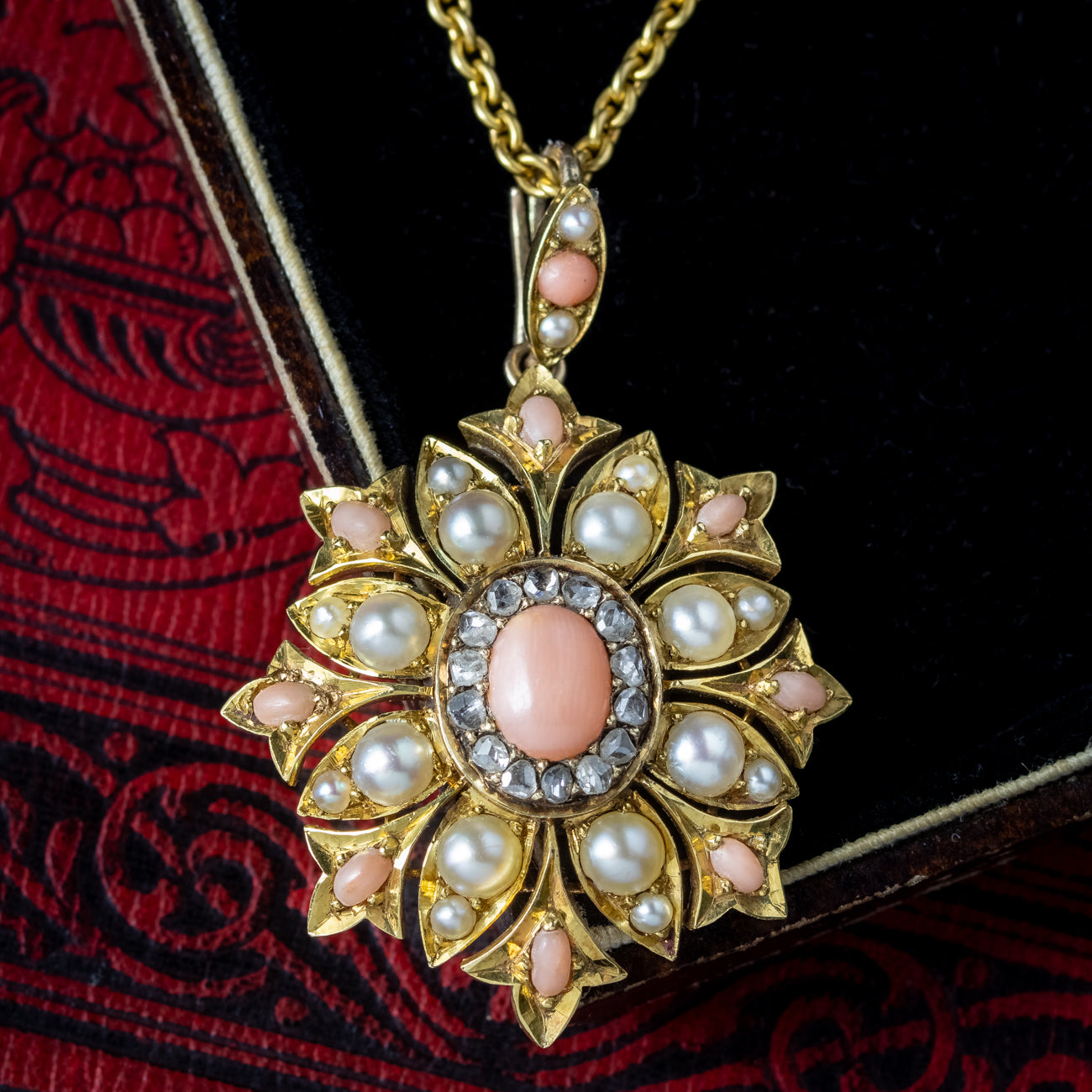 Antique Victorian Angel Skin Coral Diamond Pearl Flower Pendant Necklace