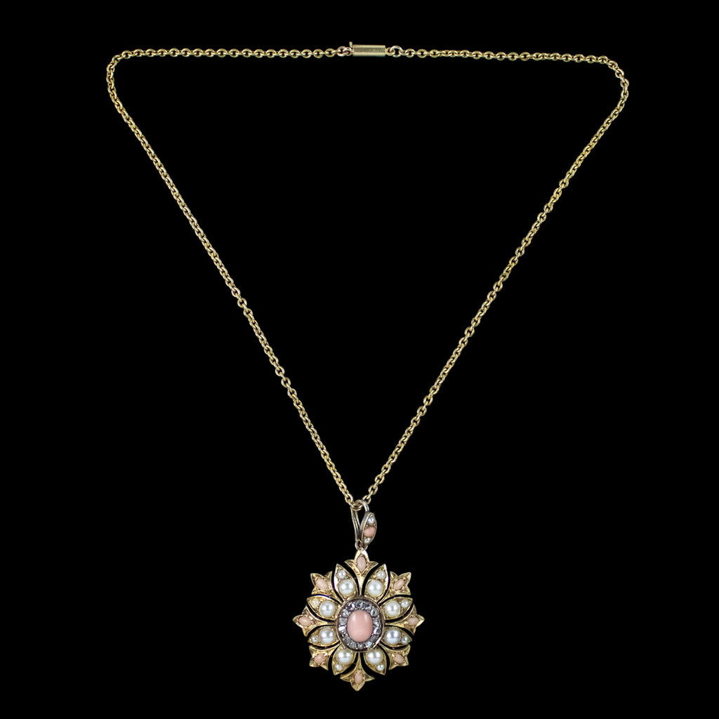Antique Victorian Angel Skin Coral Diamond Pearl Flower Pendant Necklace