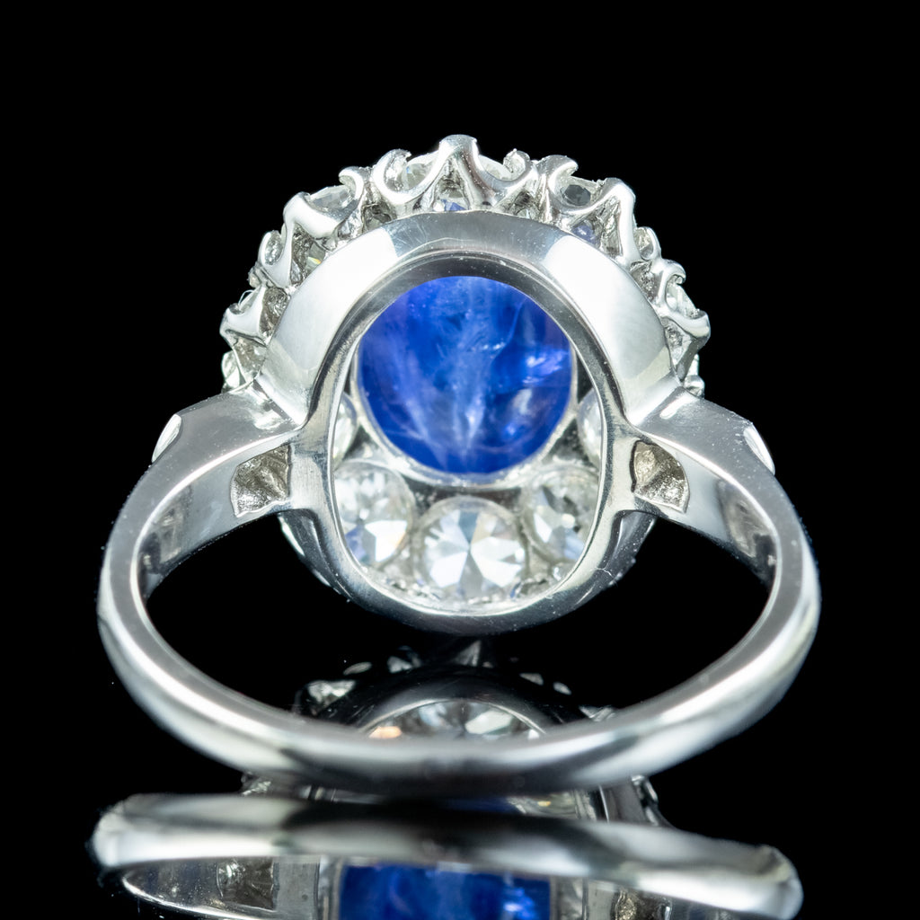 Victorian Style Blue Sapphire Diamond Cluster Ring 4.12ct Cabochon With Cert