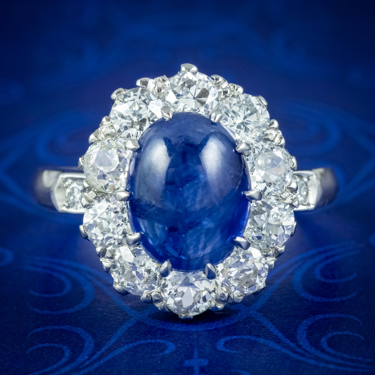 Victorian Style Blue Sapphire Diamond Cluster Ring 4.12ct Cabochon With Cert Main image