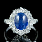 Victorian Style Blue Sapphire Diamond Cluster Ring 4.12ct Cabochon With Cert