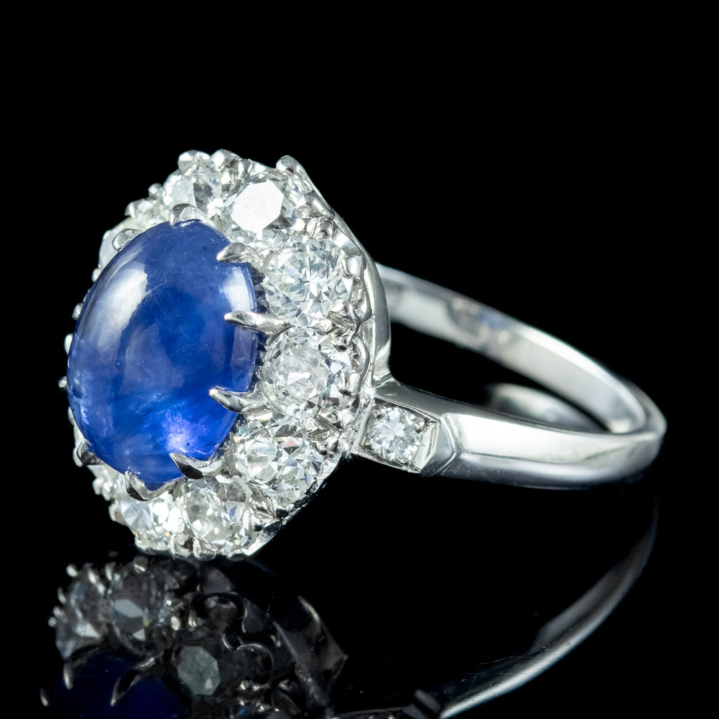 Victorian Style Blue Sapphire Diamond Cluster Ring 4.12ct Cabochon With Cert
