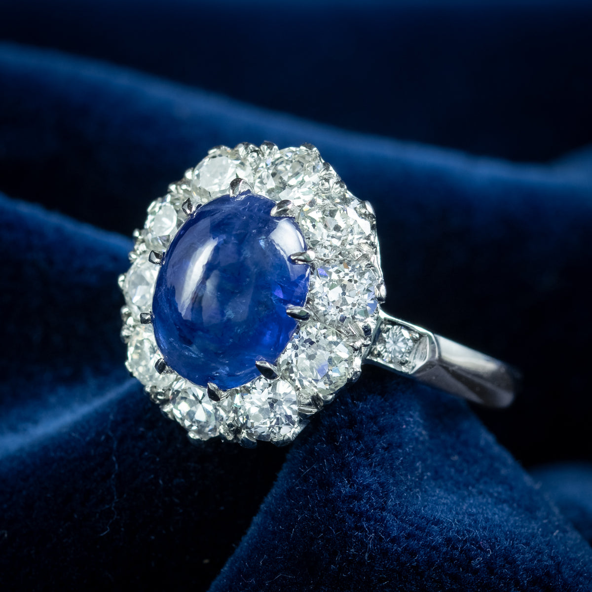Victorian Style Blue Sapphire Diamond Cluster Ring 4.12ct Cabochon With Cert