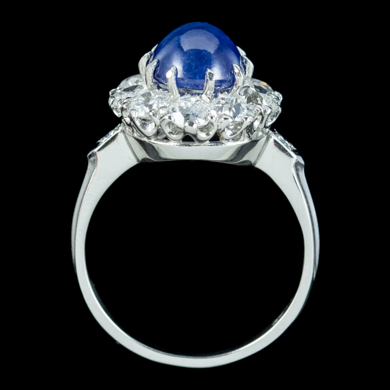 Victorian Style Blue Sapphire Diamond Cluster Ring 4.12ct Cabochon With Cert