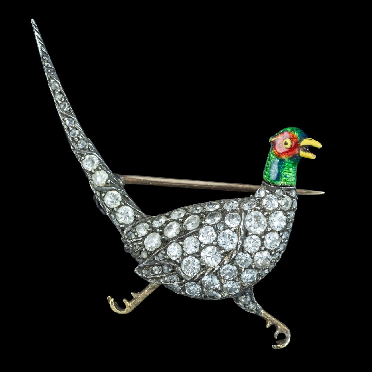 Antique Victorian Diamond Pheasant Brooch Silver Gold 1.6ct Total