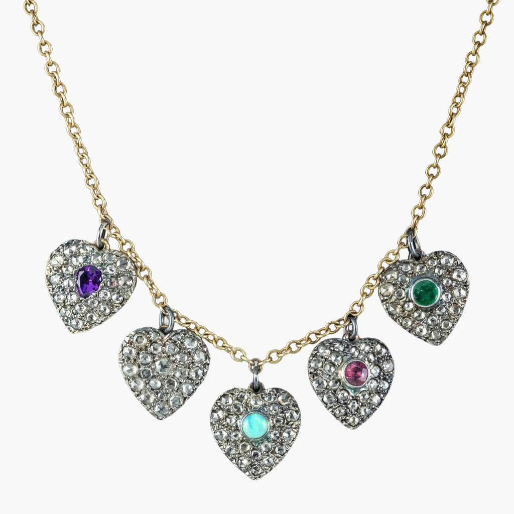 Victorian Style Acrostic Gemstone Adore Heart Charm Necklace
